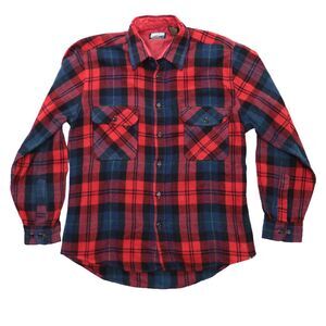 Vintage Fieldmaster Shirt Men's Medium Red Blue Buffalo Plaid Wool Flannel 70s